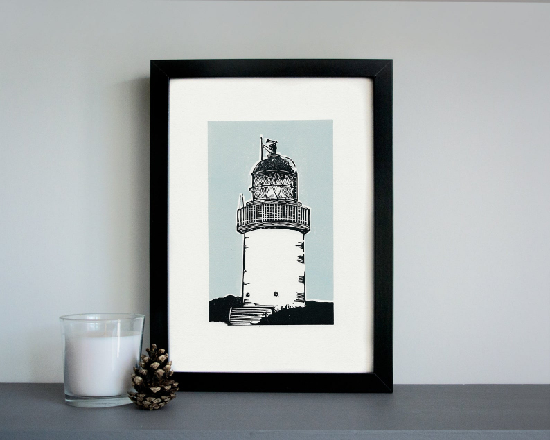 Corran lighthouse linocut print framed