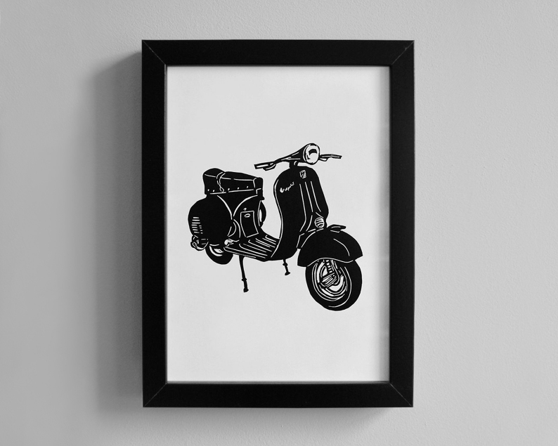 Vespa scooter linocut print framed