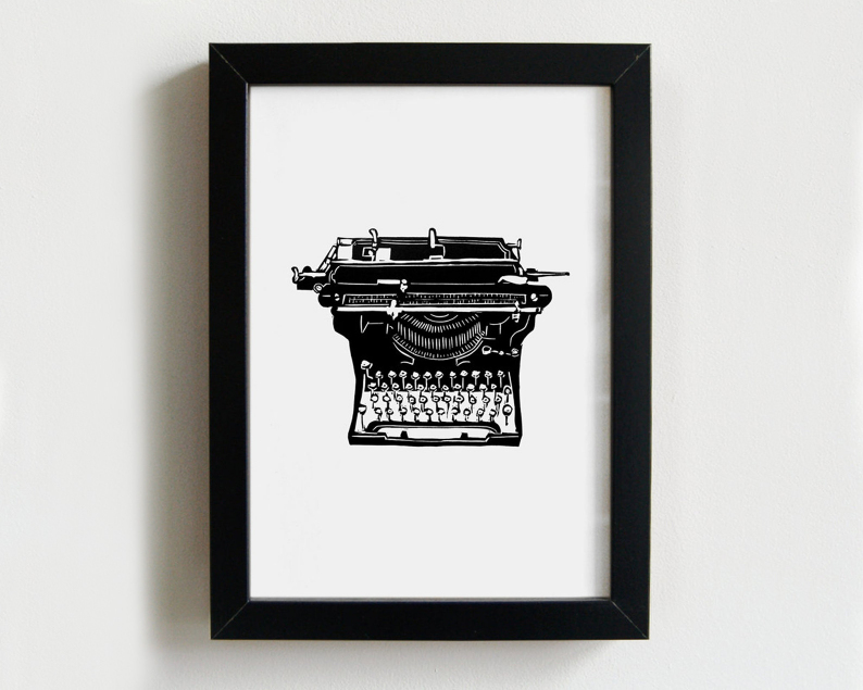Vintage typewriter linocut print framed