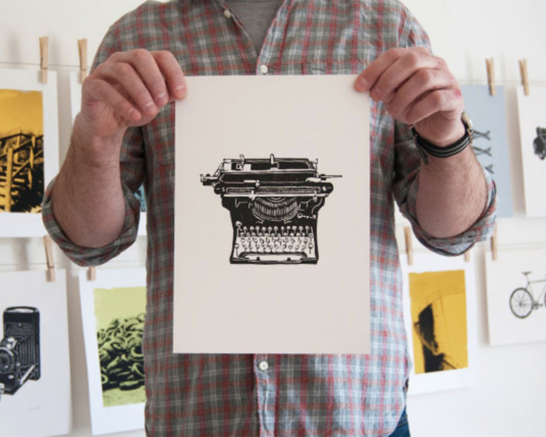 Vintage typewriter linocut print in studio